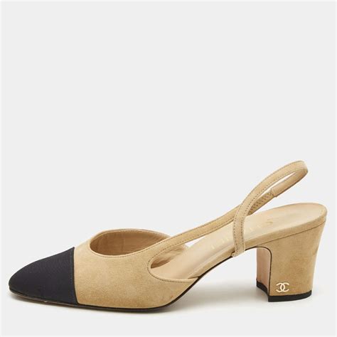 chanel beige black pointy toe slingbacks